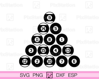 Könnte beinhalten: Eine Schwarzweißillustration eines Dreiecks aus Billardkugeln, nummeriert von 1 bis 15. Die Kugeln sind in Pyramidenform angeordnet, wobei die Kugel 9 oben liegt.