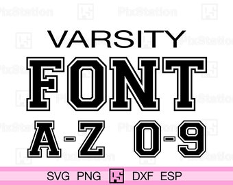 May include: Black and white varsity font graphic design with the text "VARSITY FONT A-Z 0-9".