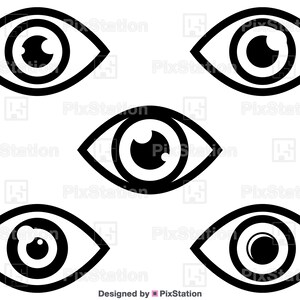May include: Set of five black and white eye icons. Each eye icon has a thick outline and a smaller circle inside representing the pupil.