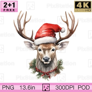 Ciervo navideño de acuarela con gorro de Papá Noel png, ciervo navideño png, reno navideño con gorro de Papá Noel, clipart imprimible por sublimación, descarga / ps353