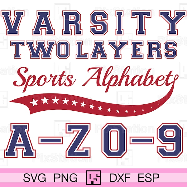 Two layers varsity alphabet svg, png, dxf, eps, Varsity layered letters numbers Athletic sport vector block decal cut file Cricut Silhouette