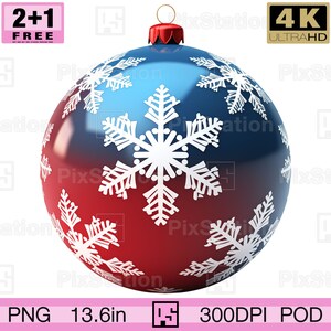 Bola de nieve navideña clásica azul y roja (PNG), decoración de bola de fiesta de Nochevieja, descarga de clipart imprimible por sublimación de bola navideña / ps364