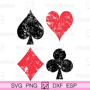 Zniszczony garnitur kart do gry svg, pik, trefl, serce, diament, poker, symbol garnituru kart do gry png, dxf, svg dla Cricut i Silhouette | ps274