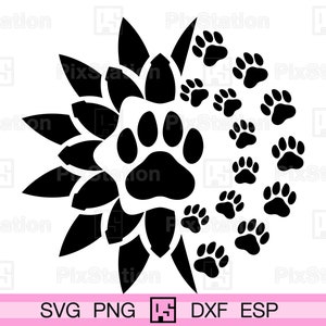 Hond poot zonnebloem svg, dierlijke poot bloem png, dxf, jpg, svg sticker gesneden bestand voor Cricut en Silhouette | ps280
