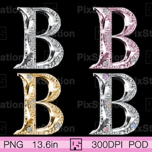 Gouden letter B eerste monogram png-set, zilveren letter B clipart png, roségouden letter B met diamant png, letter B met edelsteen png | ps432
