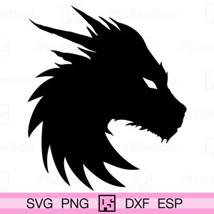Silueta de cabeza de dragón svg, contorno de cabeza de dragón svg, archivos de corte de decoración de fiesta de fantasía, descarga de dragón de fantasía mítica png / ps379