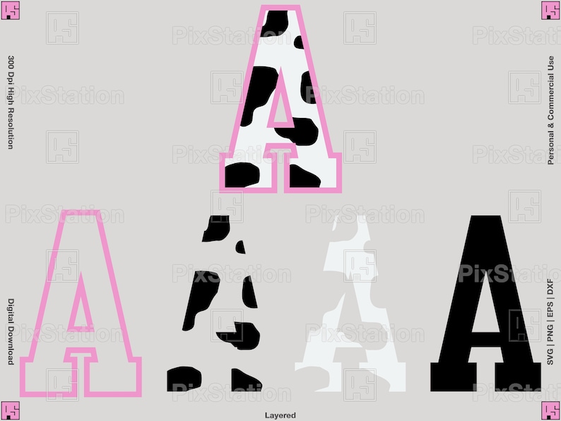 multilayered varsity cow alphabet svg, cow alphabet svg, cow letters svg, cow font svg, cow print svg, font animal for cricut and silhouette by pixstation store