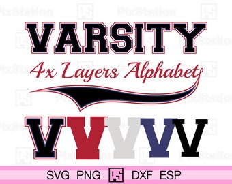 May include: Varsity 4x Layers Alphabet SVG, PNG, DXF, ESP file download. The image shows the word "Varsity" in a bold black font with a red outline. Below the word is a black and blue curved line. Below that are five "V" letters in different colors: black, red, gray, blue, and black.