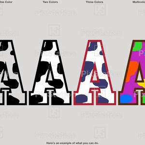 multilayers varsity cow alphabet svg, cow alphabet svg, cow letters svg, cow font svg, cow print svg, font animal, varsity font block decal cut file for cricut and silhouette by pixstation store