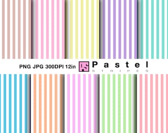 May include: Twelve digital paper patterns featuring pastel colored vertical stripes. PNG JPG 300DPI 12in. Pastel Stripes.