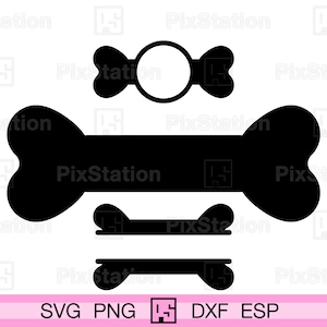 May include: Black and white silhouette of three dog bone shapes. The largest bone is in the center and the two smaller bones are stacked below it.