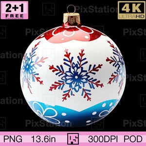 Bola de copo de nieve roja y azul clásica de Navidad png, decoración de bola de fiesta de Navidad, descarga de clipart imprimible por sublimación de bola de Año Nuevo / ps359