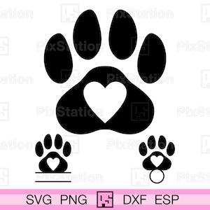 Hondenpoot met hart svg monogram, dierlijke voetafdruk pootsymbool png, dxf, svg sticker gesneden bestand Cricut en silhouet | ps289