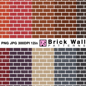 May include: Six different brick wall patterns in various colors, including red, brown, gray, and beige. PNG JPG 300DPI 12in Brick Wall Patterns.