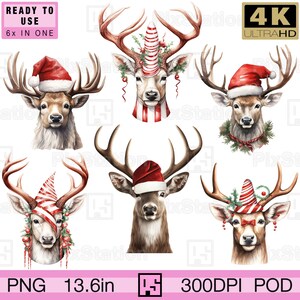 Paquete de imágenes prediseñadas de ciervos navideños, ciervos de Año Nuevo con sombrero de Papá Noel, renos de acebo navideños con sombrero de caramelo, imágenes prediseñadas para sublimación e impresión, descarga / ps357