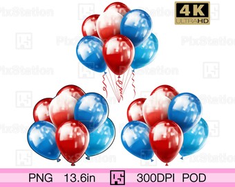 Könnte beinhalten: Ein Bündel roter, weißer und blauer Ballons. Die Ballons sind in Dreiecksform angeordnet, wobei die roten Ballons oben und die blauen Ballons unten sind. Die Ballons sind glänzend und reflektieren das Licht.