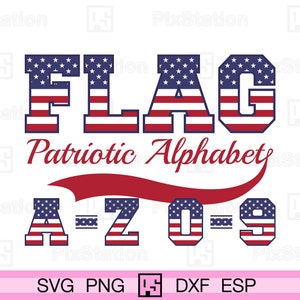 Alfabeto de la bandera de EE. UU. de la universidad, letras patrióticas, Día de la Independencia de EE. UU., 4 de julio, alfabeto de la bandera de EE. UU., universidad, camiseta, números, silueta de Cricut