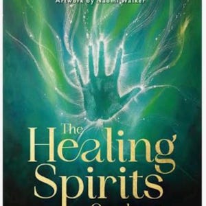 May include: The Healing Spirits Oracle 48-card deck and guidebook by Gordon Smith with artwork by Naomi Walker. The cover features a glowing green handprint surrounded by radiating light beams against a dark green background with gold text.