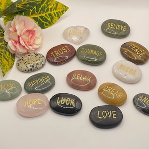 Crystal Message Stones. Crystal etched with Word. Believe, Love, Hope, Dream