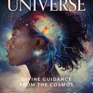 May include: Book cover for "Oracle of the Universe" showing a profile of a person with a cosmic design integrated into their hair and face. The title is at the top, with author and illustrator credits at the bottom. The book's theme is divine guidance.