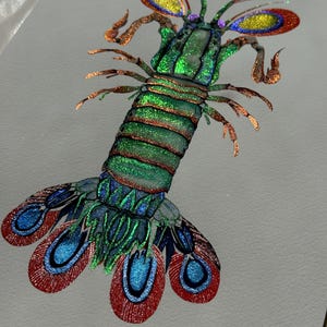 Shimmering Peacock Mantis Shrimp – Metallic Watercolor Ocean Creature Art (Original Painting)