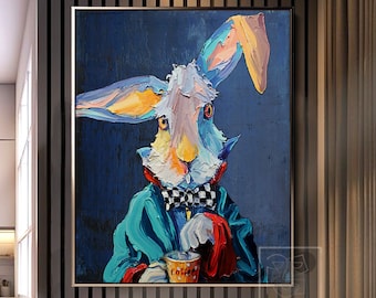 May include: A colorful painting of a rabbit wearing a blue jacket and red scarf, holding a cup with a straw. The rabbit has a white face with blue eyes and a black and white checkered bow tie. The background is a dark blue.