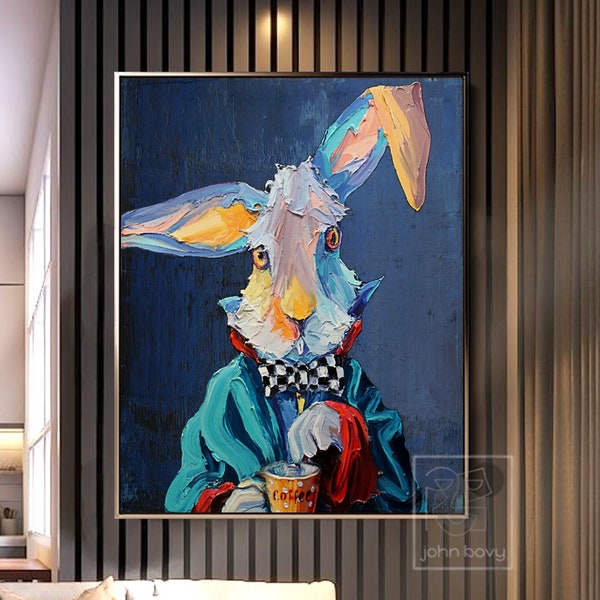 Coffee Shop Kunst Kaninchen Leinwand Gemälde Morgen Kaffee Süchtig Küche oder Kaffee Bar Wand Kunst Original Einzigartiges Geschenk für Kaffee Liebhaber Dekor