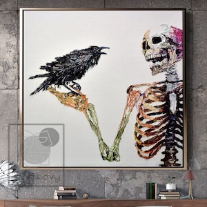 Black Crow Canvas Painting Original Oil Painting Crow With Skull Gothic Painting Extra Large Canvas Black Oil Painting