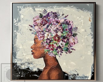 Portrait Black Woman Painting with Flower Head Oversized Wall Art Original Modern Abstract Painting Canvas Wall Art  Room Decor Aesthetic