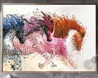 Large Original Three Horse Oil Painting 3D Impasto Painting Wild Animal Wall Art Canvas Abstract Modern Contemporary Wall Decor Living Room