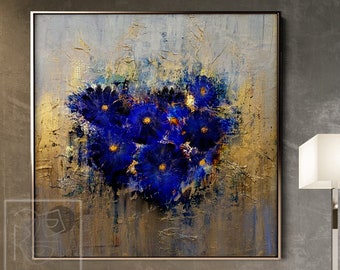 Abstract Heart Flowers Painting Original on Canvas Floral Artwork Blue and Gold Textured Large Acrylic Painting Wall Decor for Living Room