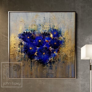 Abstract Heart Flowers Painting Original on Canvas Floral Artwork Blue and Gold Textured Large Acrylic Painting Wall Decor for Living Room