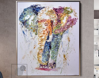 Large Original Abstract Colorful Elephant Oil Painting On Canvas Elephant İmpasto Painting Wild Animal Wall Art Aesthetic Living Room Decor
