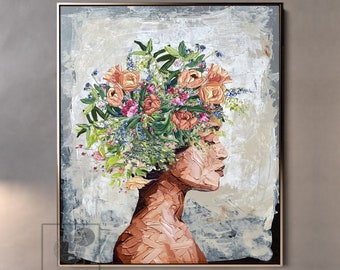 Portret vrouw met bloem schilderij originele moderne acryl getextureerde schilderij Paletmes kunst Home decor kunst aan de muur Inwijdingsfeest gift haar