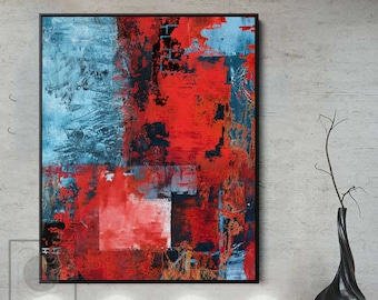 Turquoise and Red Painting Modern Abstract Artwork for Living Room Contemporary Original Painting on Canvas Blue and Red Vibrant Colors Art