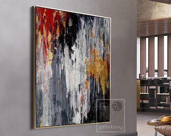 Abstract Black White and Red Original Artwork Handmade Canvas Painting  Framed Textured Aesthetic Knife Art for Living Room Decor Office Art
