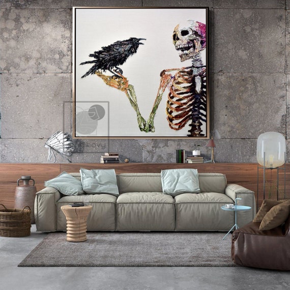 Large Original Oil Painting Crow With Skull Painting Extra Large Wall Art Abstract Art Gifts For Him Men Valentines Day Room Decor Aesthetic