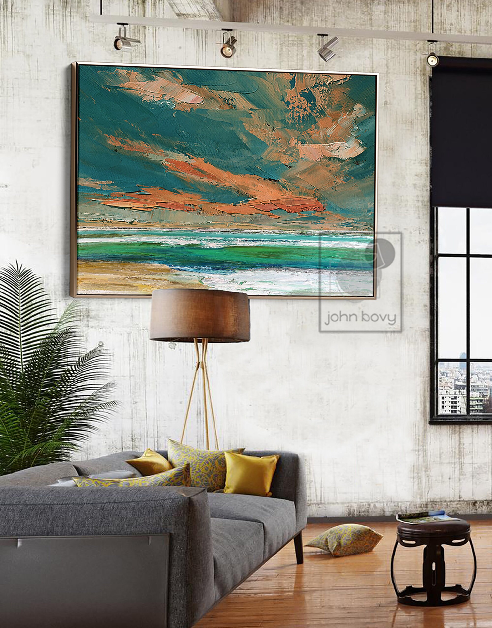 Teal and Orange Artwork Seascape Oil Painting on Canvas Teal and Orange