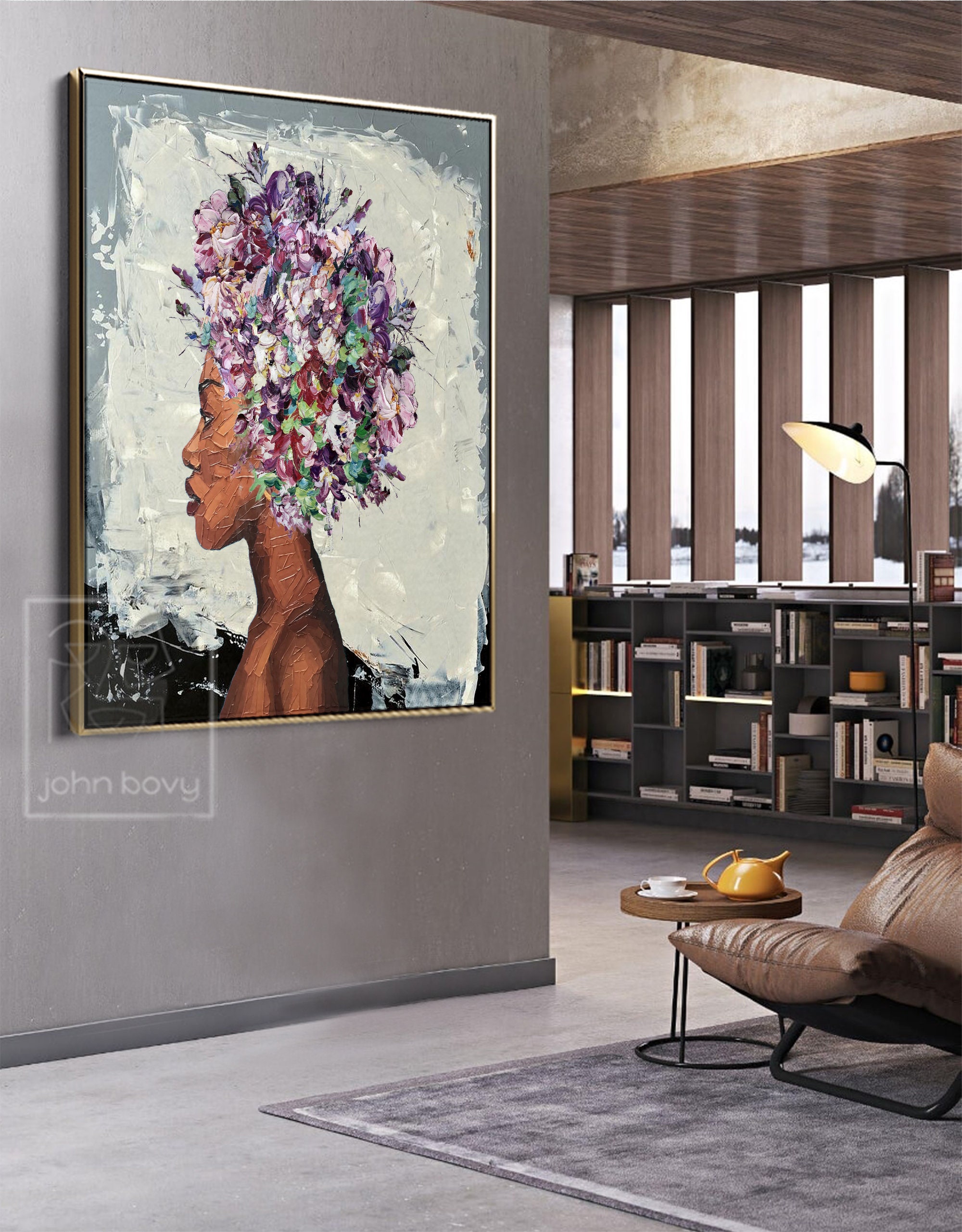 Portrait Black Woman Painting With Flower Head Oversized Wall Art ...