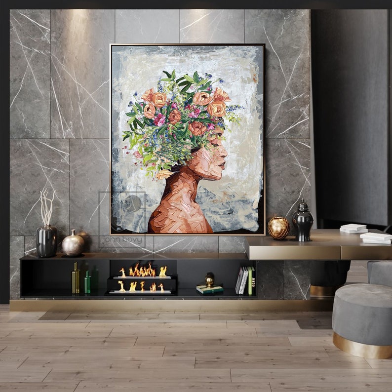 Portrait Woman With Flower Painting Original Modern Acrylic Textured ...
