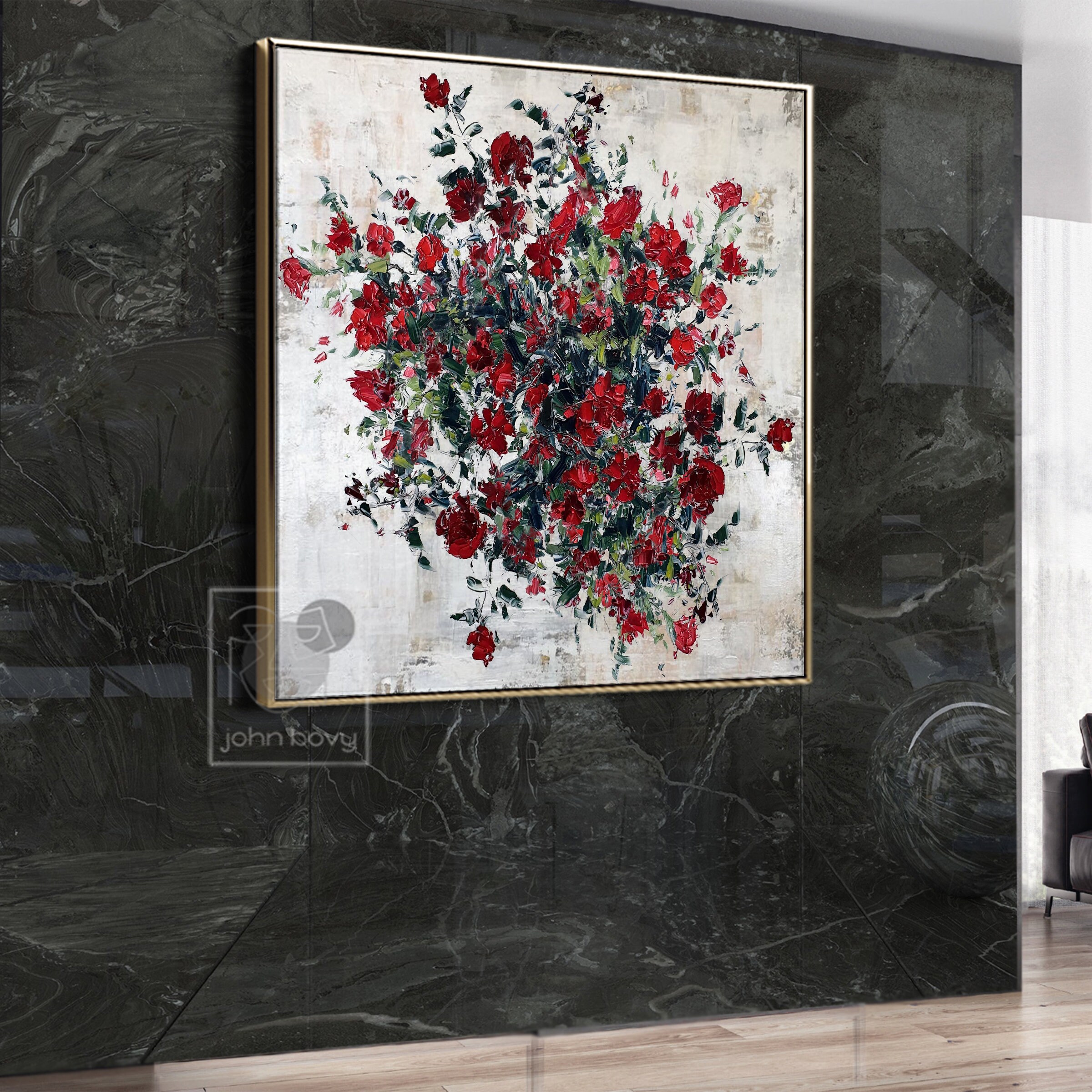 Large Abstract Red Rose Flowers Oil Painting on Canvas Wall Art Framed ...
