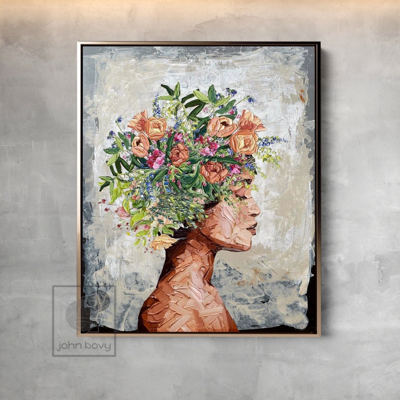 Portrait Woman With Flower Painting Original Modern Acrylic Textured ...