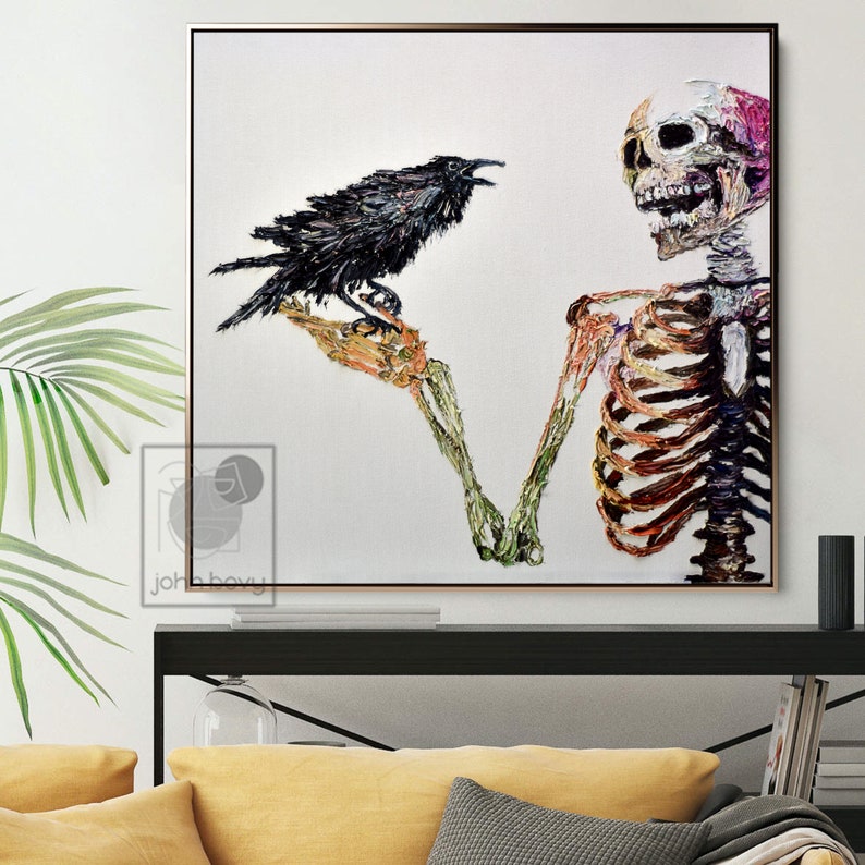 K&ouml;nnte beinhalten: Ein farbenfrohes, abstraktes Gem&auml;lde eines Skeletts, das einen schwarzen Raben in seiner Hand h&auml;lt. Der Hintergrund ist wei&szlig;.