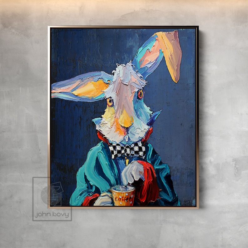 Coffee Shop Art Rabbit Canvas Painting Morning Coffee Addicted - Etsy