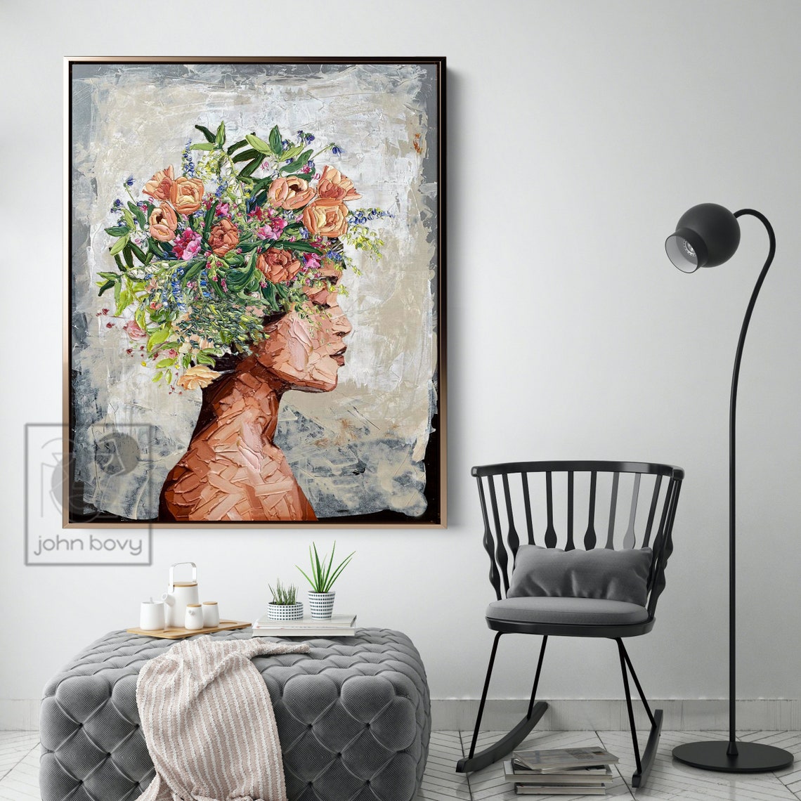 Portrait Woman With Flower Painting Original Modern Acrylic Textured ...