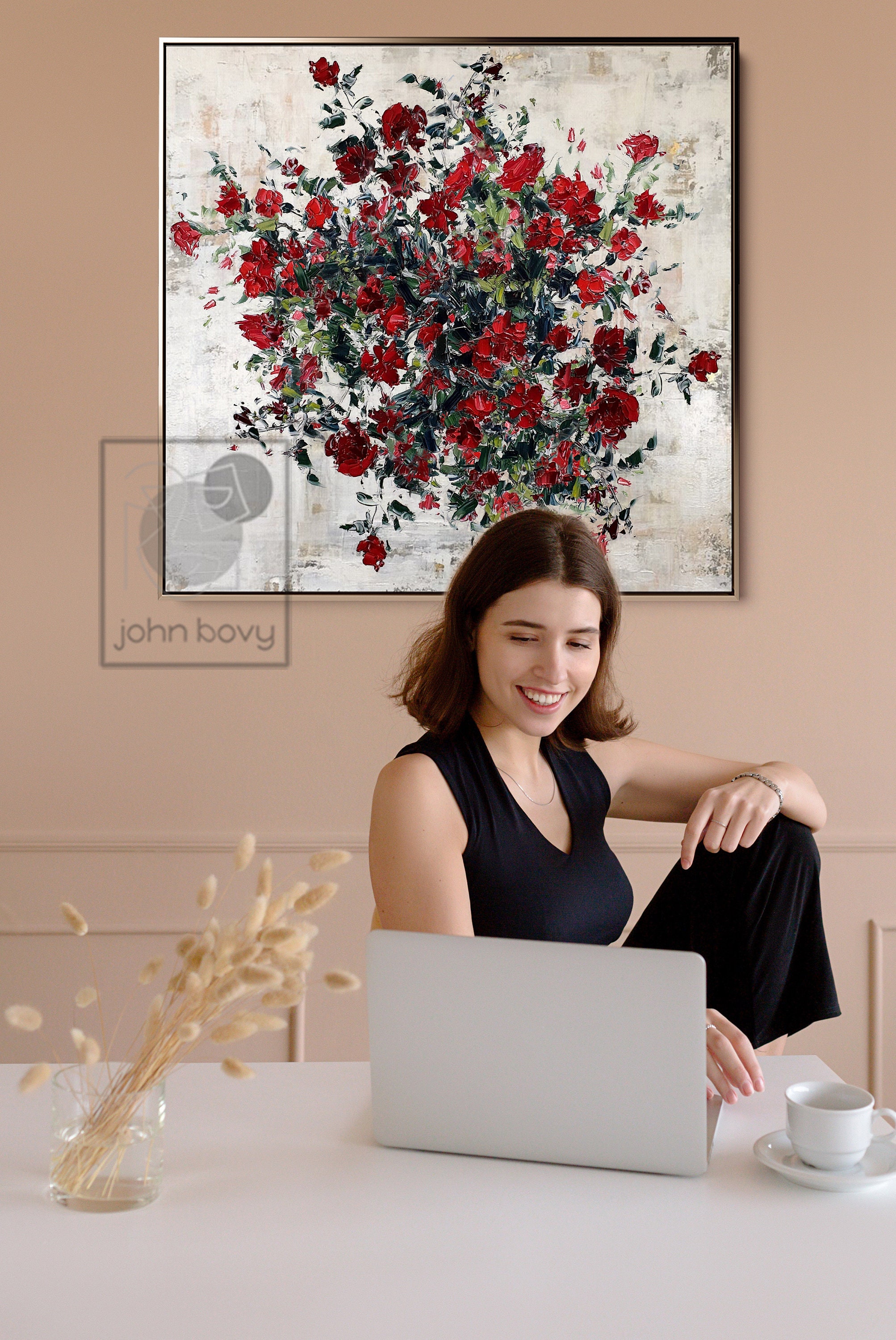 Large Abstract Red Rose Flowers Oil Painting on Canvas Wall Art Framed ...