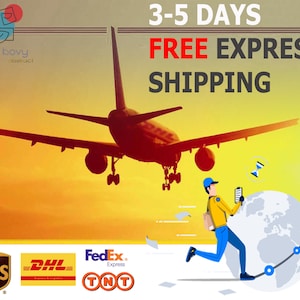 K&ouml;nnte beinhalten: Eine grafische Illustration eines Flugzeugs, das &uuml;ber einen Globus fliegt, mit einer Person, die darum heruml&auml;uft. Der Text "3-5 TAGE KOSTENLOSER EXPRESSVERSAND" wird in Rot und Wei&szlig; angezeigt. Die Logos von UPS, DHL, FedEx und TNT werden unten im Bild angezeigt.