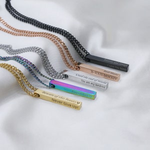May include: Five gold bar necklaces with different engraved messages. The messages include "Forever and Always", "I Love You 3000", "Best Mom!", "Until the end of World", "You are my sunshine", "Forever love", "Beware of this beauty", and "Never Give Up!"