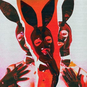 May include: A person wearing a black latex mask with bunny ears and a black latex outfit. The person is wearing black gloves and a black bow tie. The background is a red and white gradient.