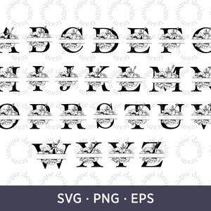 Op de afbeelding: Een set van 26 zwart-witte gesplitste monogramletters met bloemmotieven. Elke letter is horizontaal in tweeën gesplitst met een lijn in het midden. De bovenste helft van de letter is omgeven door bloemmotieven. De letters zijn in hoofdletters.
